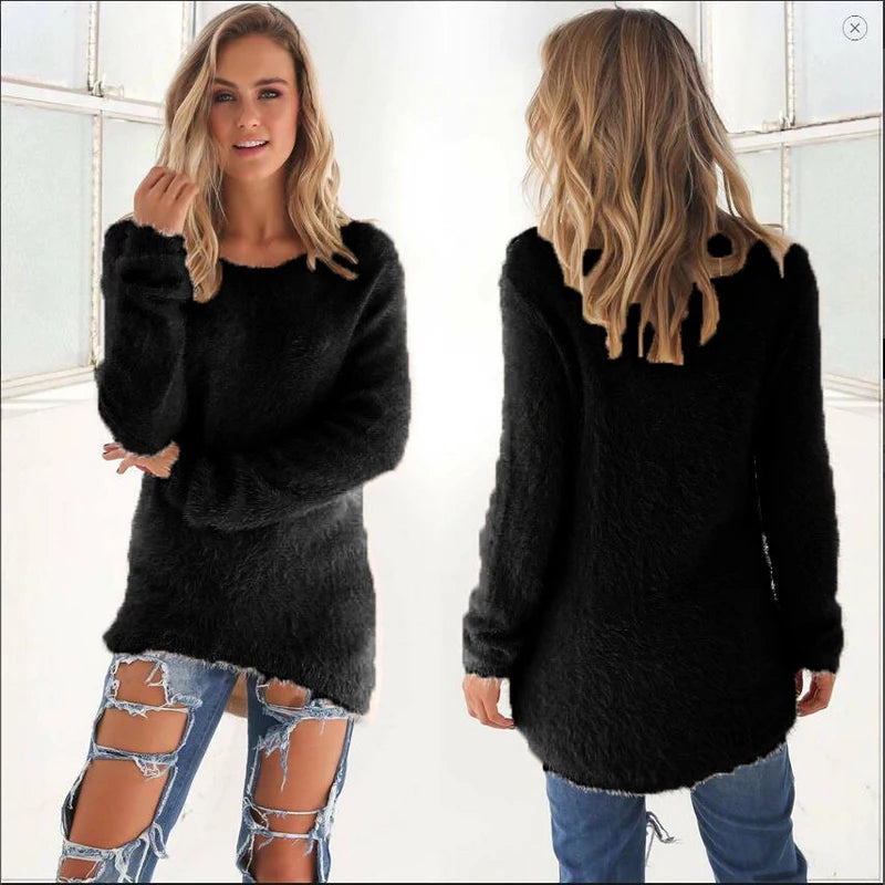 Women Warm Sweater Solid Color O Neck Loose Cotton Knitted Pullover Long Sweater Casual Oversize Blouse Ladies Hipster Clothing