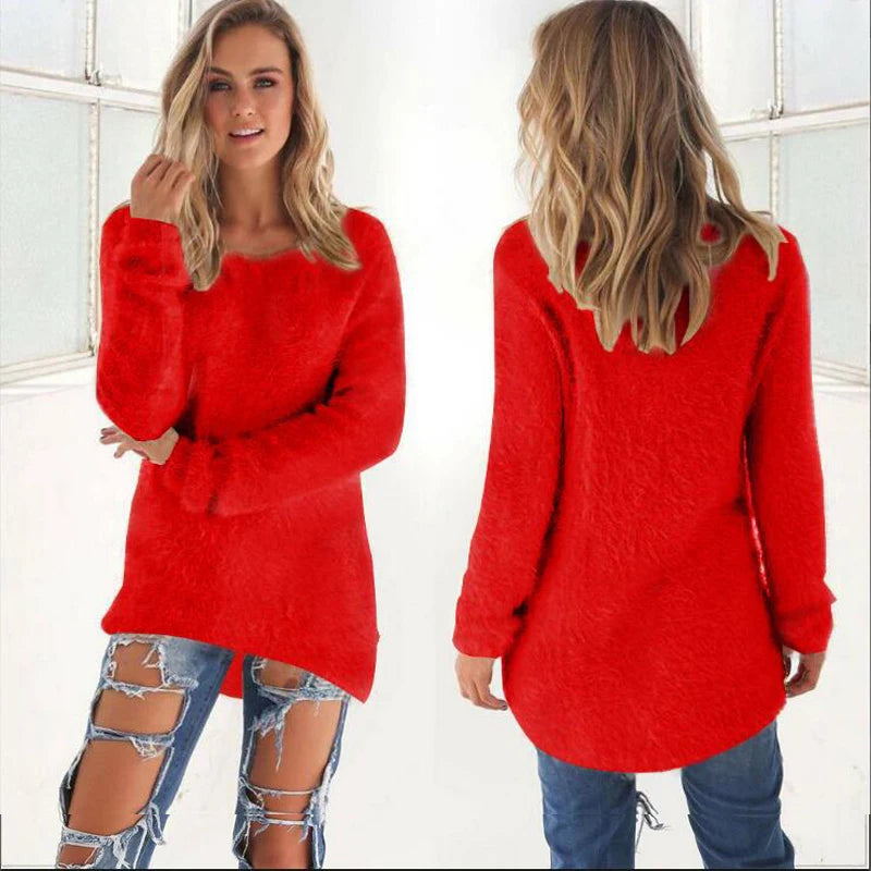 Women Warm Sweater Solid Color O Neck Loose Cotton Knitted Pullover Long Sweater Casual Oversize Blouse Ladies Hipster Clothing