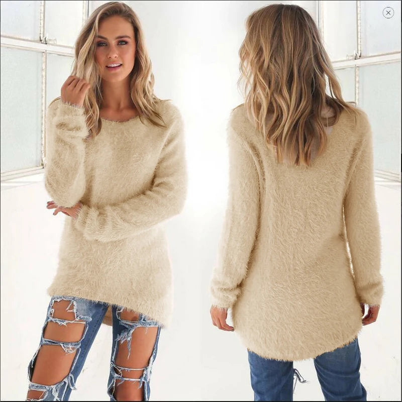 Women Warm Sweater Solid Color O Neck Loose Cotton Knitted Pullover Long Sweater Casual Oversize Blouse Ladies Hipster Clothing