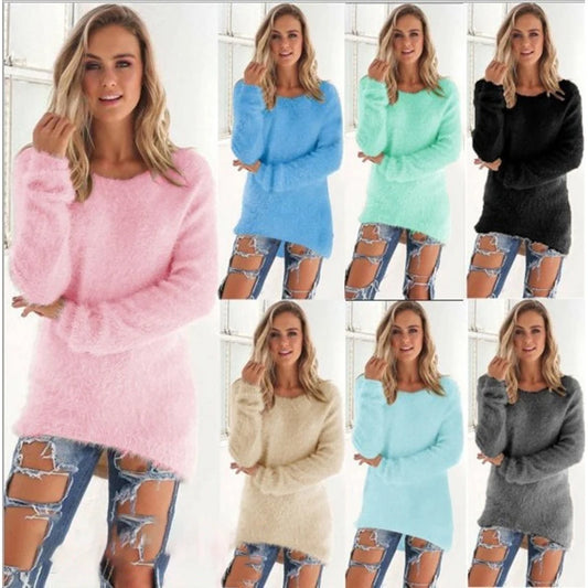 Women Warm Sweater Solid Color O Neck Loose Cotton Knitted Pullover Long Sweater Casual Oversize Blouse Ladies Hipster Clothing