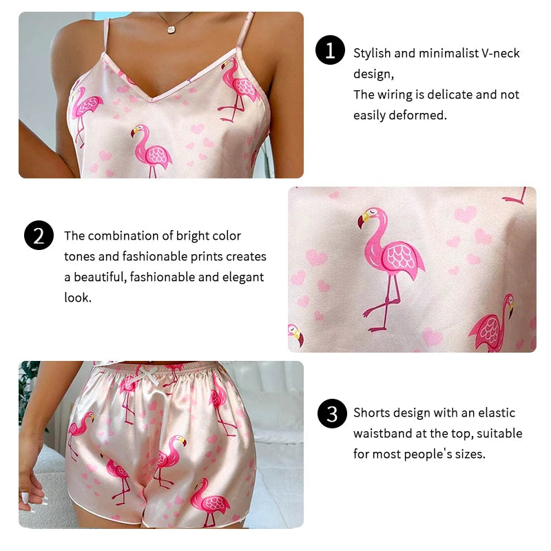 Women's Cute Flamingo Print Satin Pajama Set - V Neck Cami Top and Elastic Shorts for Comfortable Sleep and Lounging Homewear