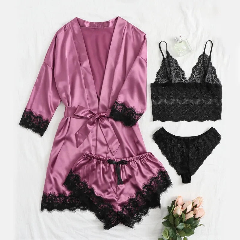 Satin 4-Piece Lace Silk Set