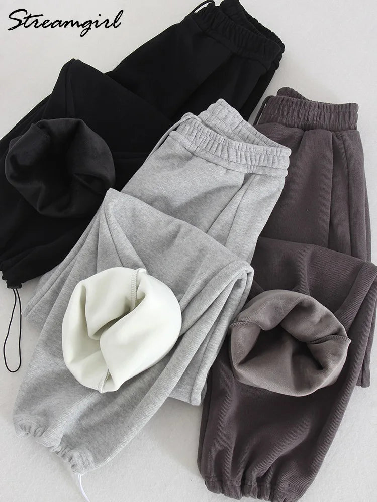 Winter Warm Sweatpants For Women High Waist Jogger Velvet Wide Leg Trousers Women's Sports Pants Autumn Fleece Sweatpants Women