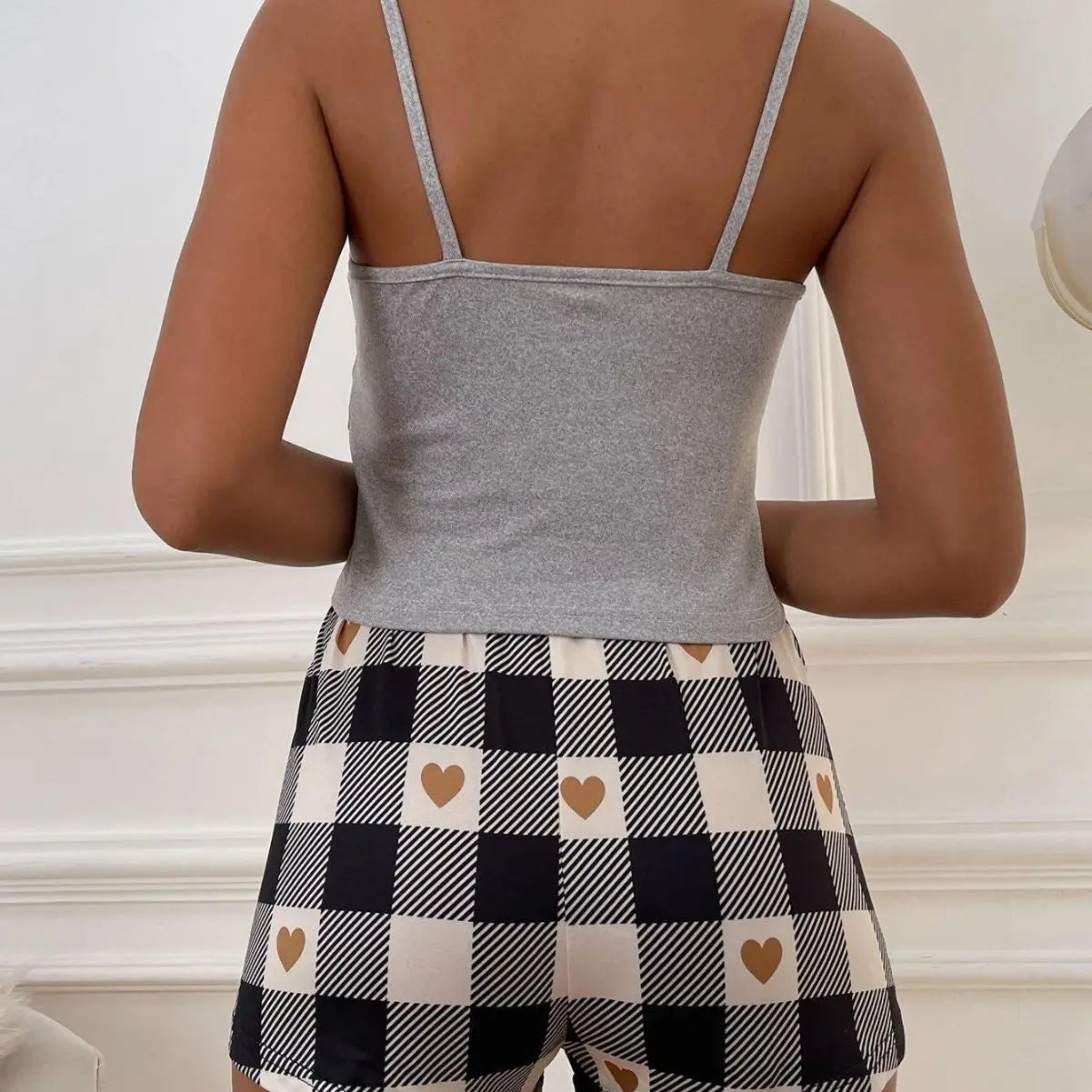 Summer Women's Sexy Camisole Pajama Set Women's Printed Letter Top Paired with Checkered Printed Shorts Home Pajama Set