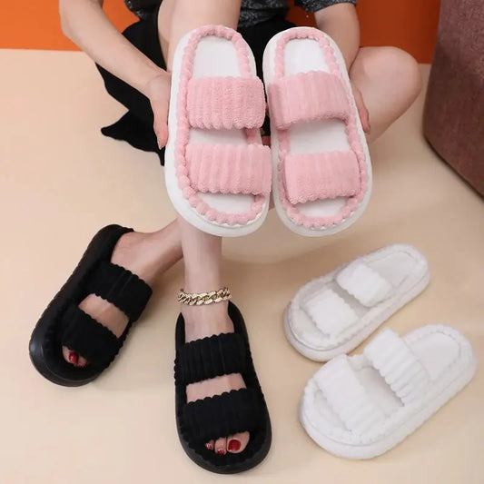 Women Spring Autumn Home Cotton Slippers Ladies Open Indoor Drop Toe Slides New Imitation Rabbit Hair Inside Flat Slippers