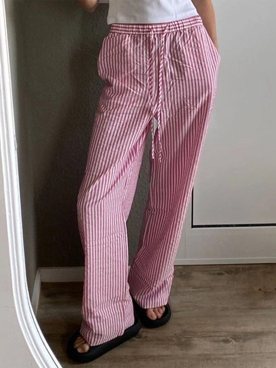 Women Y2k Striped Print Long Pants Casual Elastic Waist Drawstring Wide Leg Pants Loose Fit Lounge Pants