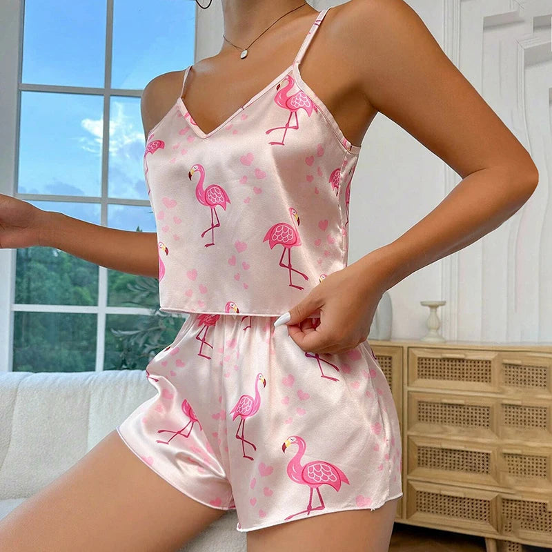 Women's Cute Flamingo Print Satin Pajama Set - V Neck Cami Top and Elastic Shorts for Comfortable Sleep and Lounging Homewear