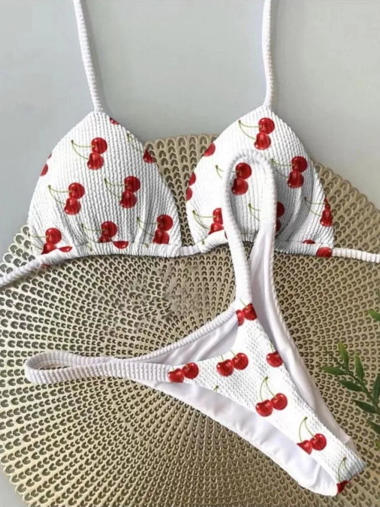 Swimwear Women Cute  Cherry Print Brazilian Thong Bikini Set Sexy Thong Swimsuit Two Pieces Bathing Suit Women 2023 Beach Wear