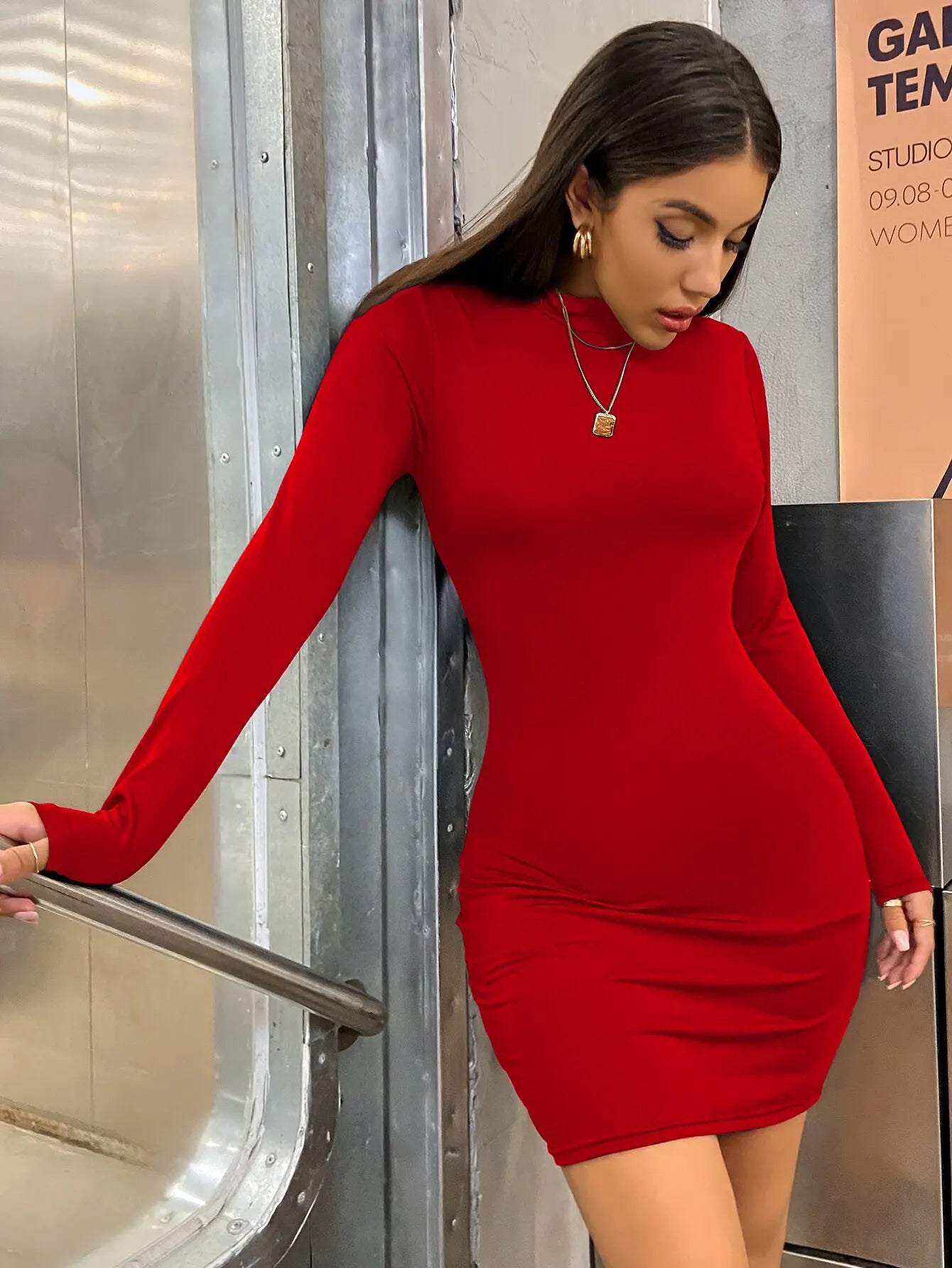 Long Sleeve Slim Bodycon Mini Dress Women Turtleneck Pleated Party Ruched Short Evening Club Outfit Soild Color