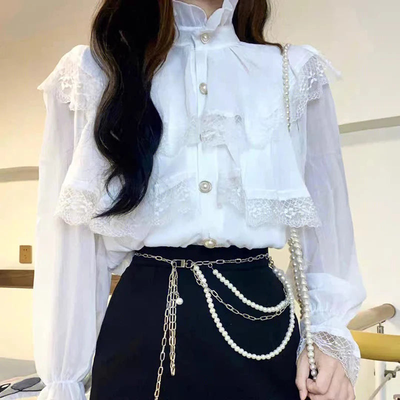 Vintage French Women Shirts Lace Lolita Elegant Long Sleeve Flounce Blouse High Quality Office Lady New Fashion Chic Female Tops