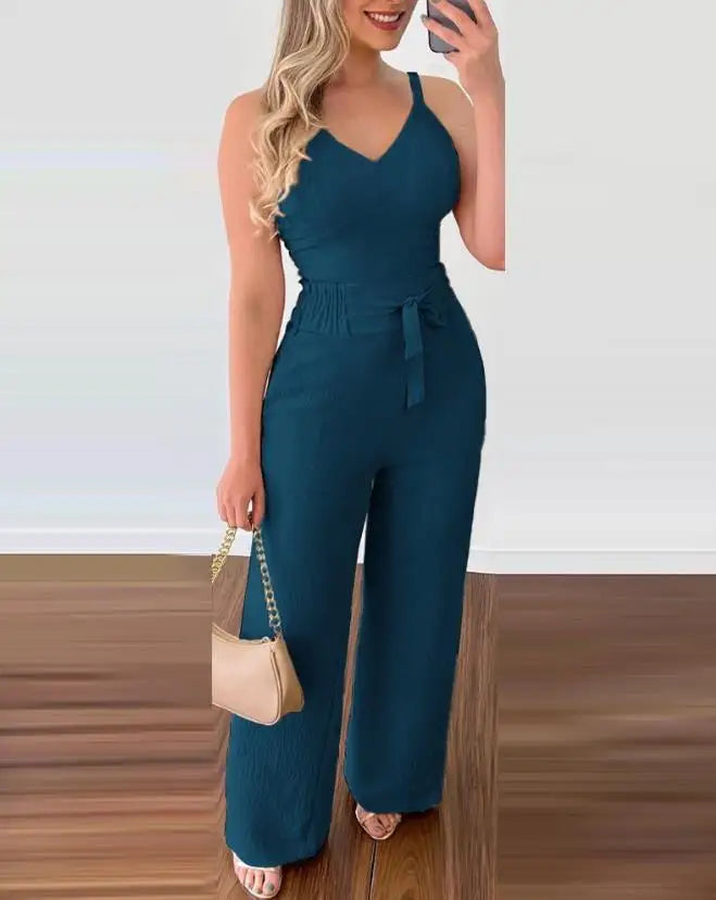 Elegant V-Neck Shirred Cami Jumpsuit Set