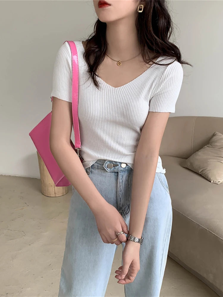 V-neck Short Sleeve Blouse