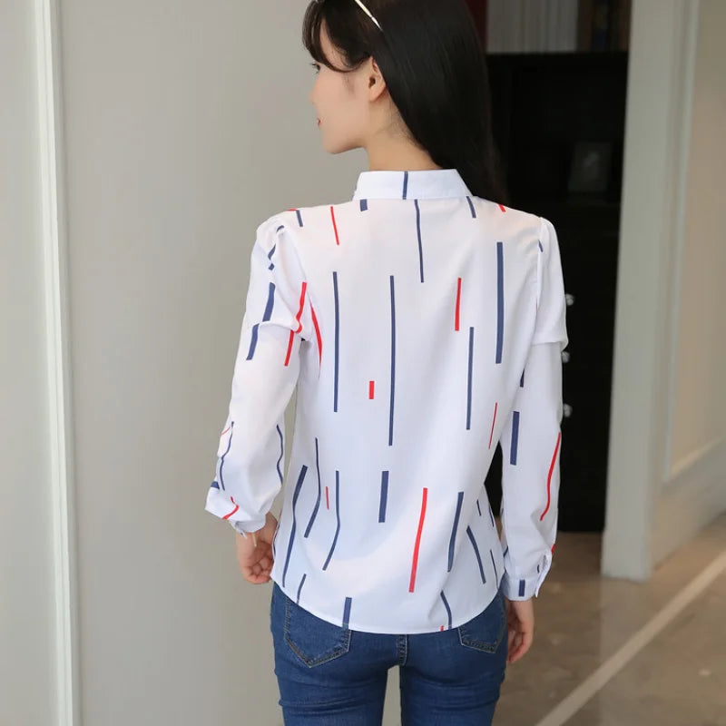 Stripe Women Blouse Fashion Standing Collar Women's Shirt Long Sleeved Shirts and Blouses Printing Ladies Tops Basic Womens Tops