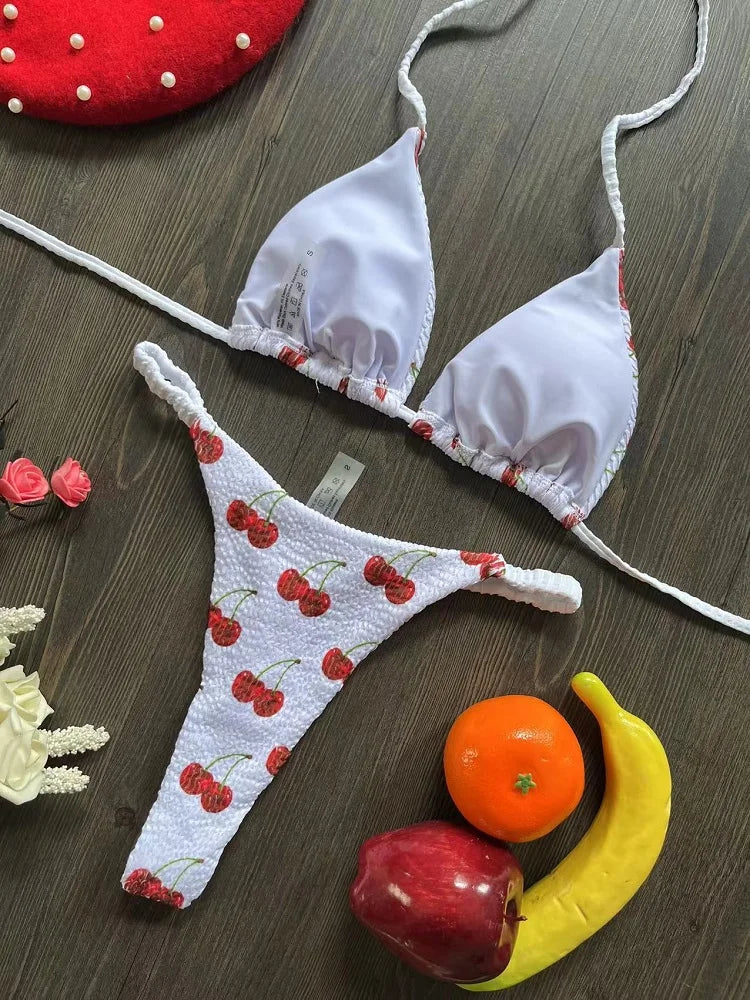 Swimwear Women Cute  Cherry Print Brazilian Thong Bikini Set Sexy Thong Swimsuit Two Pieces Bathing Suit Women 2023 Beach Wear