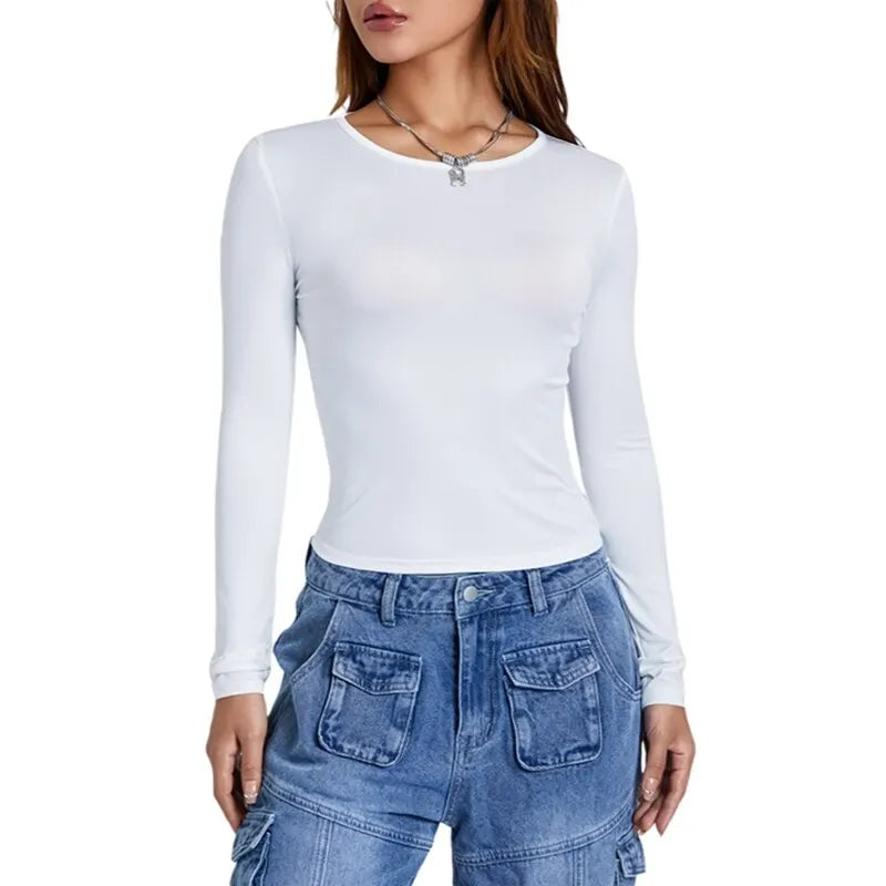 Women Autumn Slim Cropped Tops Solid Color Round Neck Long Sleeve Show Navel TShirt