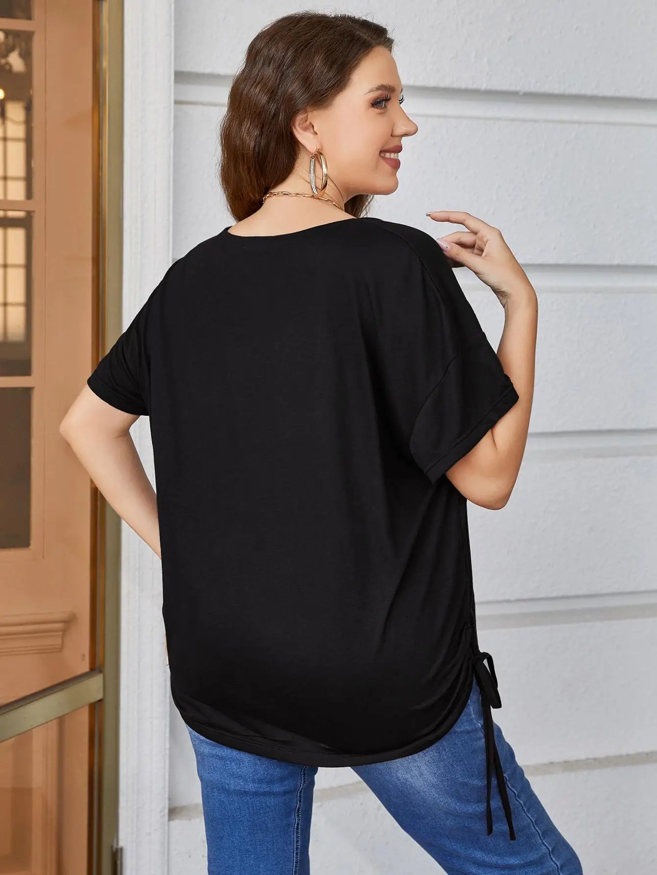 Plus Size Lace Up Elastic Waist Black Pleated Women Short Sleevess Tops V Neck Plug Size 4XL Casual Loose Blouse Oversized Shirt