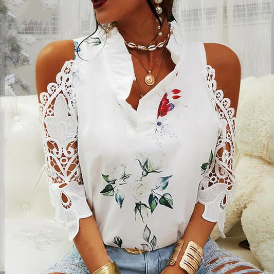 Summer Female Strapless Tops Casual Sexy Hollow Flower Printed Women Blouse Elegant V-Neck Short Sleeve Lace Shirt Blusas 19361