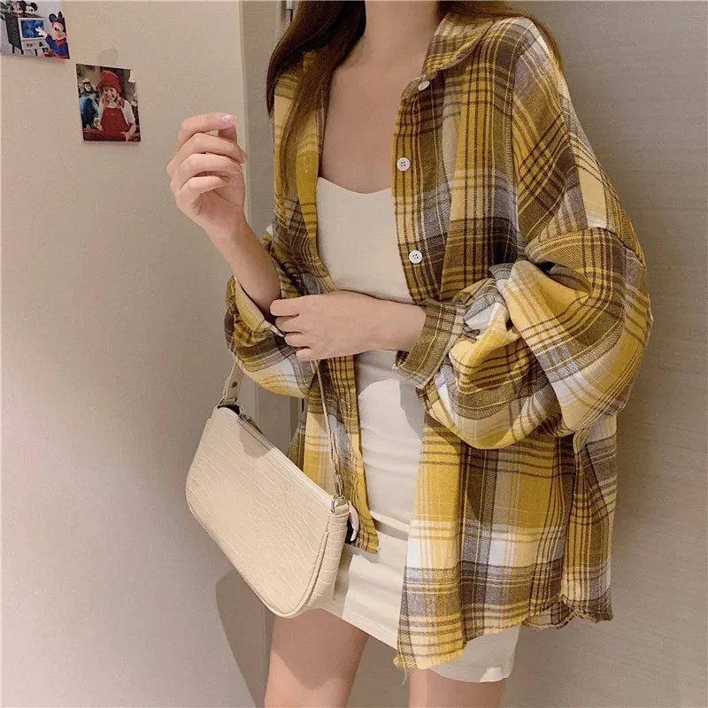 Women Tartan Shirt Long Sleeve Collared Button Up Oversized Plaid Shirt Jacket Grunge Fashion Teenage Girl Spring Summer Outfit