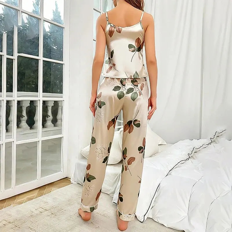 Elegant Leaf Print Satin Pajama Set