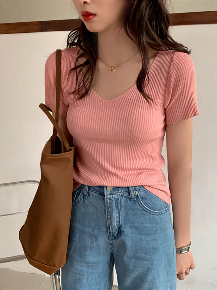 V-neck Short Sleeve Blouse