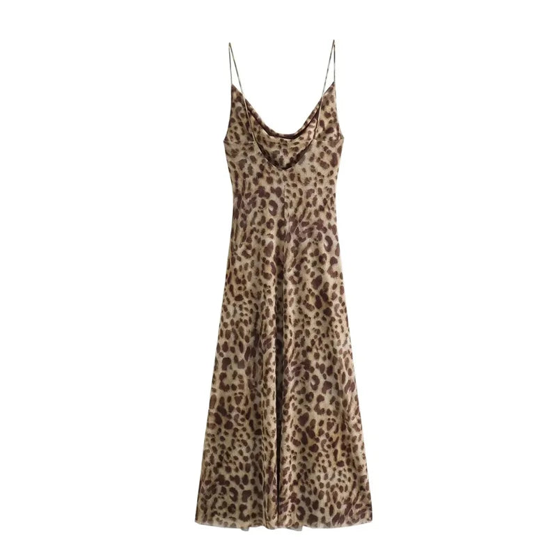 TRAF Leopard Print Long Dress Women Tulle Backless Slip Dress Woman Summer Sexy Holiday Dresses 2024 Vintage Midi Party Dresses