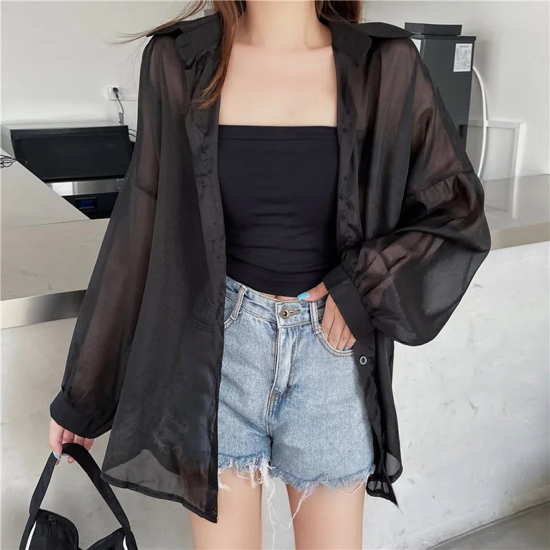 Semi Sheer Long Sleeve Shirt for Women Shimmer Button Down Collared Plain Lightweight Shirt Spring Summer Chic Tops Outfit