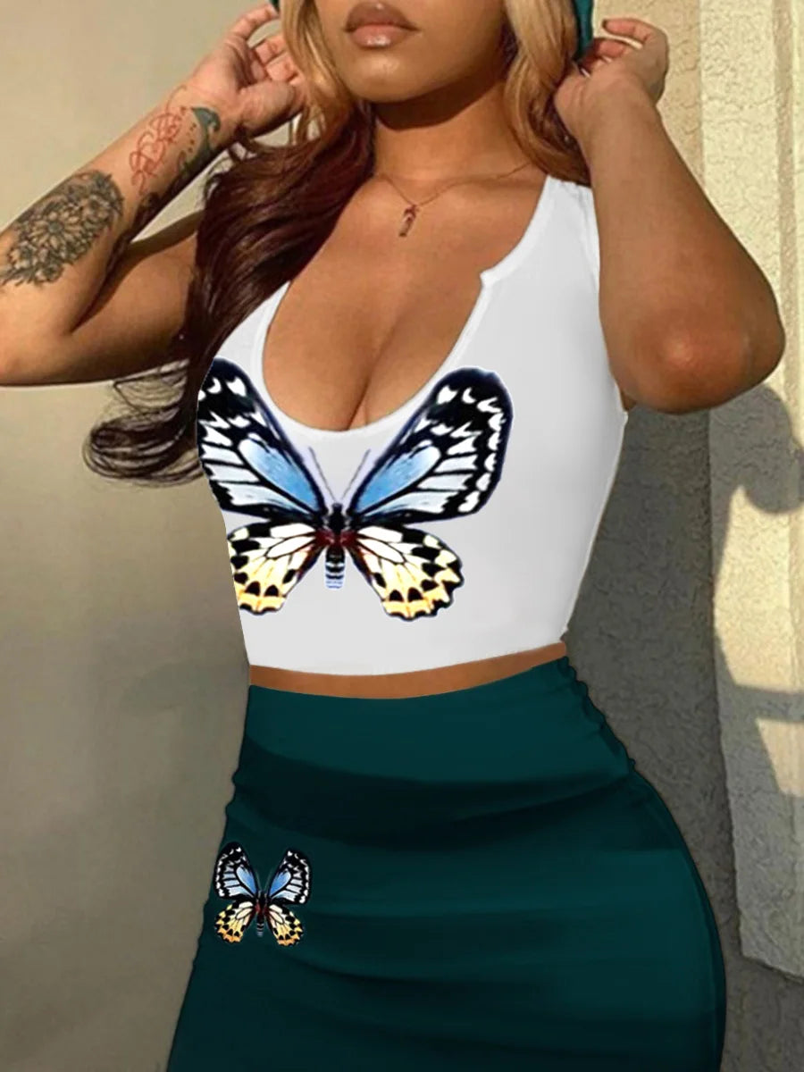 LW Plus Size  Cami Butterfly Print Skirt Set Women Summer Outfit Pattern Sleeveless U Neck Crop Tops & MIDI Skirt Matching Suit