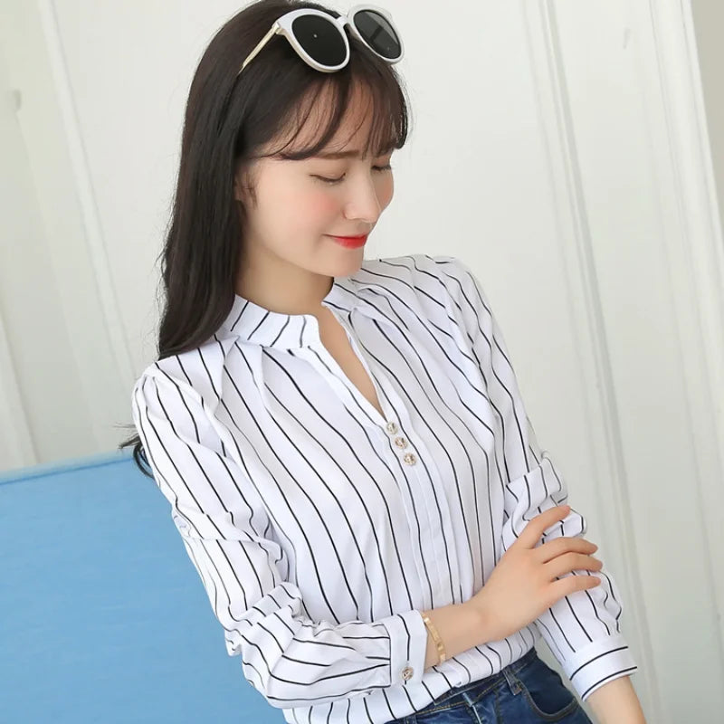 Stripe Women Blouse Fashion Standing Collar Women's Shirt Long Sleeved Shirts and Blouses Printing Ladies Tops Basic Womens Tops