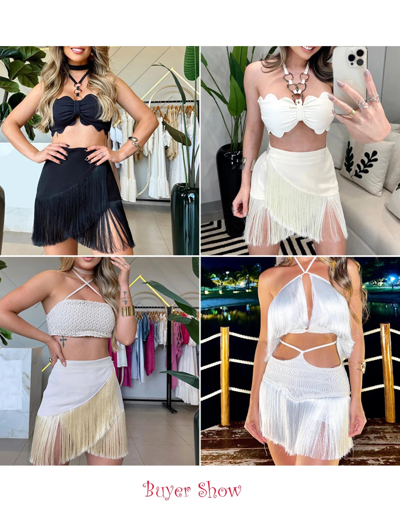 Summer Sexy Tassel Women Two Piece Bikini Set Halter Lace Bra Tassel Mini Skirt Suit Beach Vacation Casual Female Bathing Suit