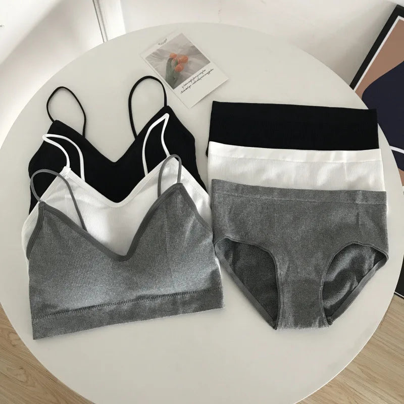 Women's Sports Bra Set Underwear Bra Korean Style Push Up No Steel Ring Bra Sexy Tube Top High Elastic Panty Set