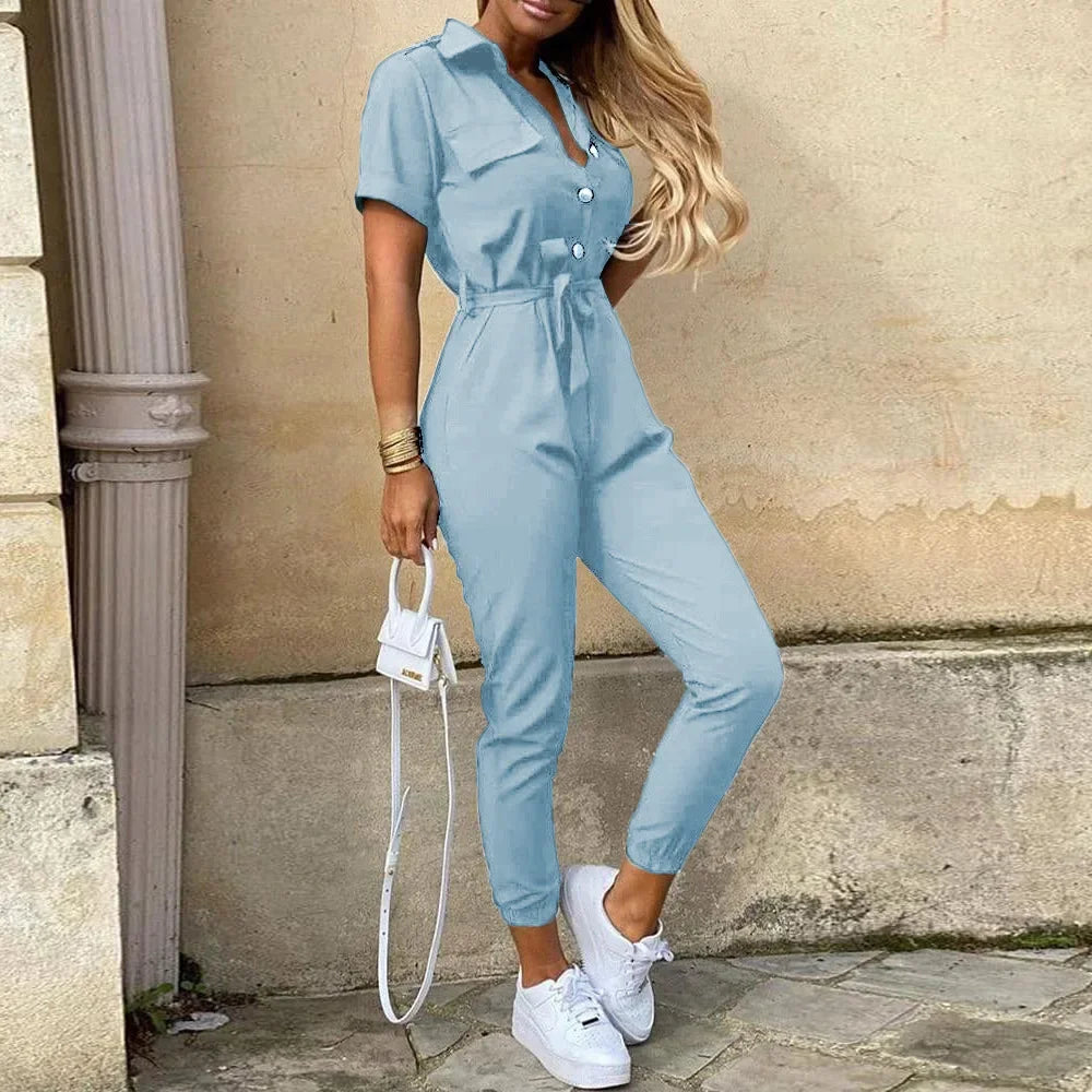 Women's Monochromatic Belt Workwear Jumpsuit, Casual Pants, Flip Collar, Buckle, European and American, Summer, 2024