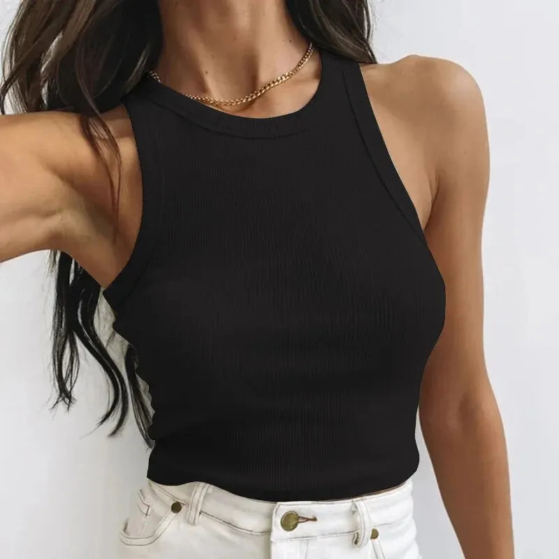 Women's Tank Top Crop Sexy Off Shoulder O Neck Solid Ribbed Knitted Casual Sport Vest Basic Elastic Camisole