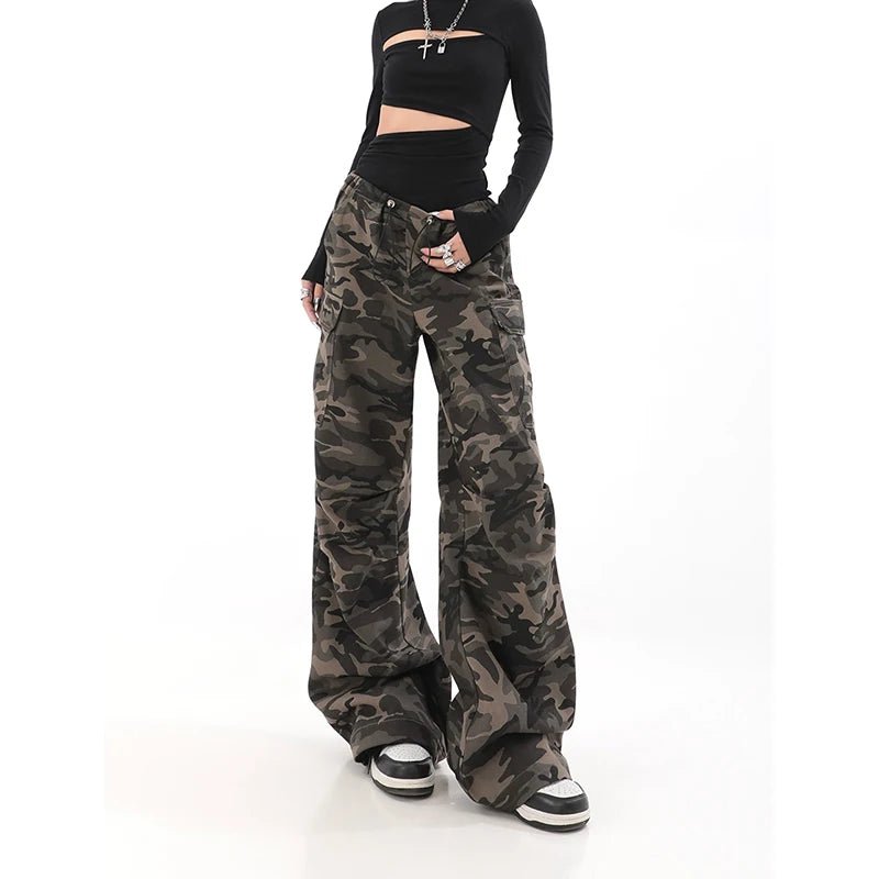 American Retro Camouflage Cargo Overalls -Wide Leg Baggy Pants