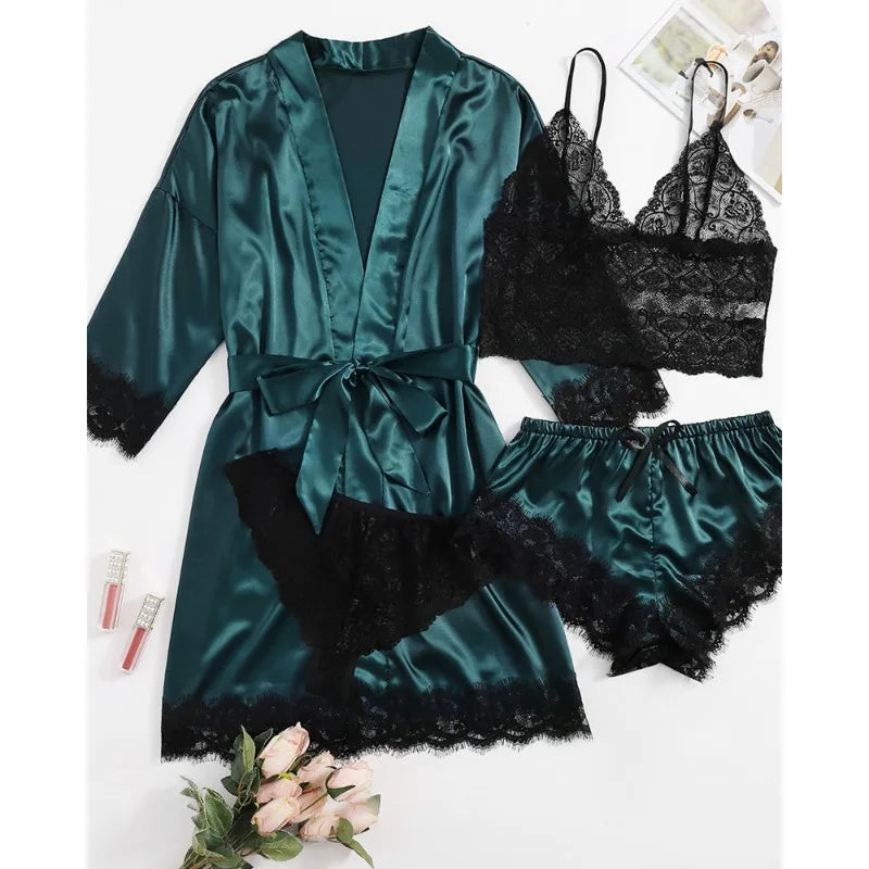 Satin 4-Piece Lace Silk Set