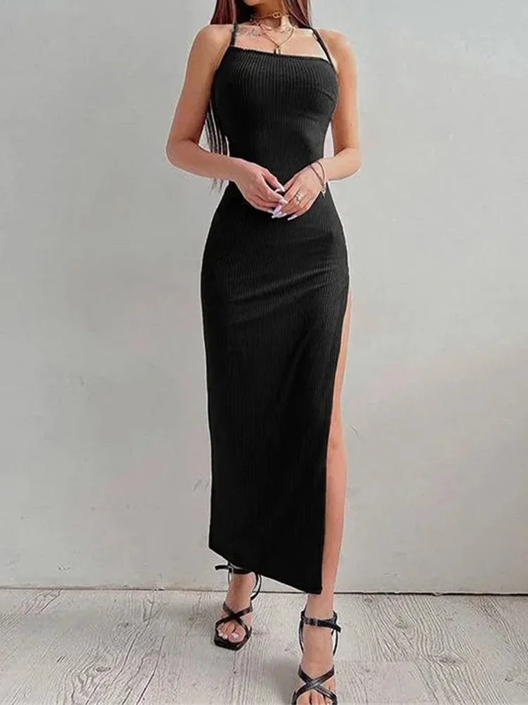 Sexy Black Long Bodycon Dress Women Summer Sleeveless Blackless Halter Neck Spaghetti Strap Dresses High Split Vestidos