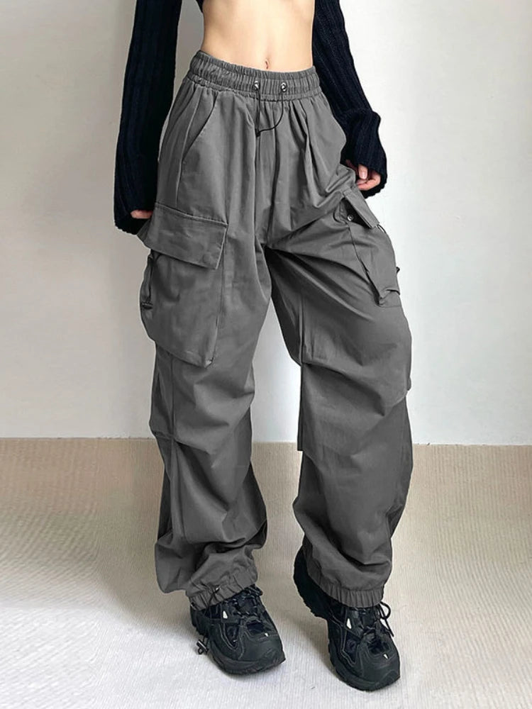 HOUZHOU Harajuku Oversized Cargo Parachute Pants Women Streetwear Vintage Y2k Hip Hop Wide Leg Joggers Baggy Sweatpants Techwear