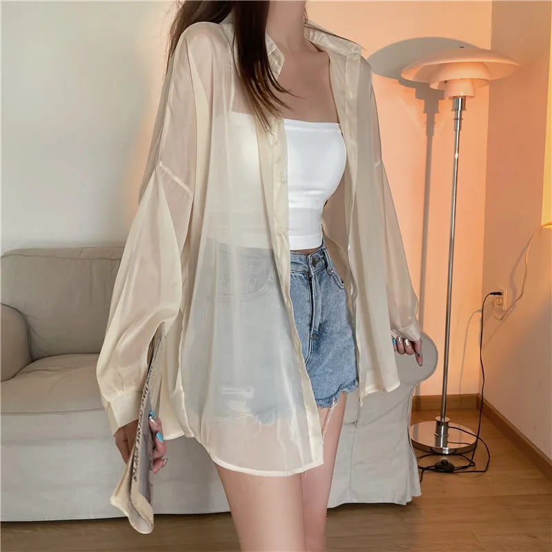 Semi Sheer Long Sleeve Shirt for Women Shimmer Button Down Collared Plain Lightweight Shirt Spring Summer Chic Tops Outfit