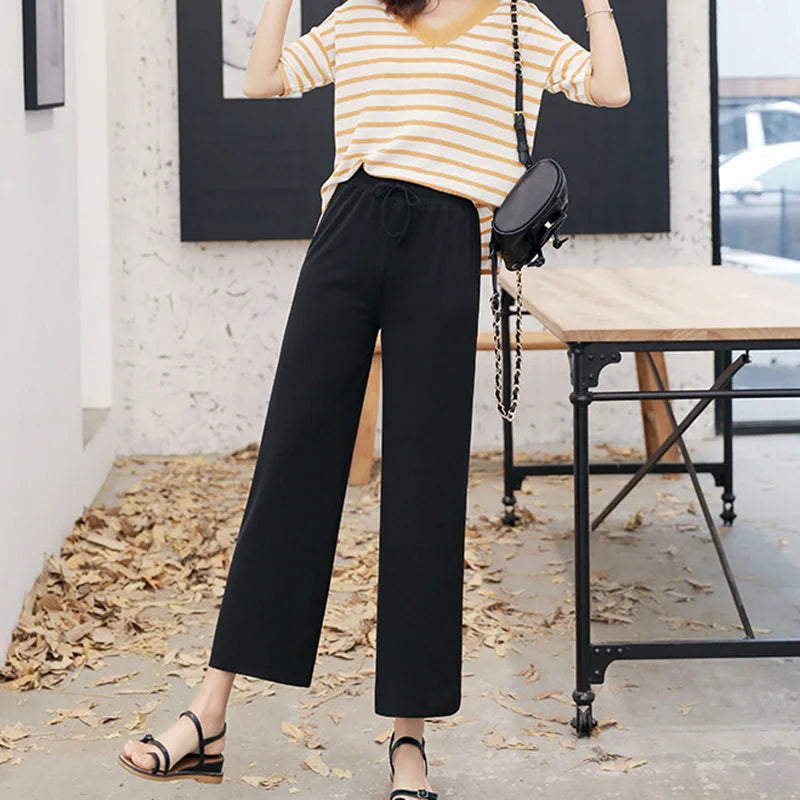 Women Ankle-Length Wide Leg Pants Casual Summer Solid Elastic Waist Loose Ice Silk Pants Spring Summer Female Trousers