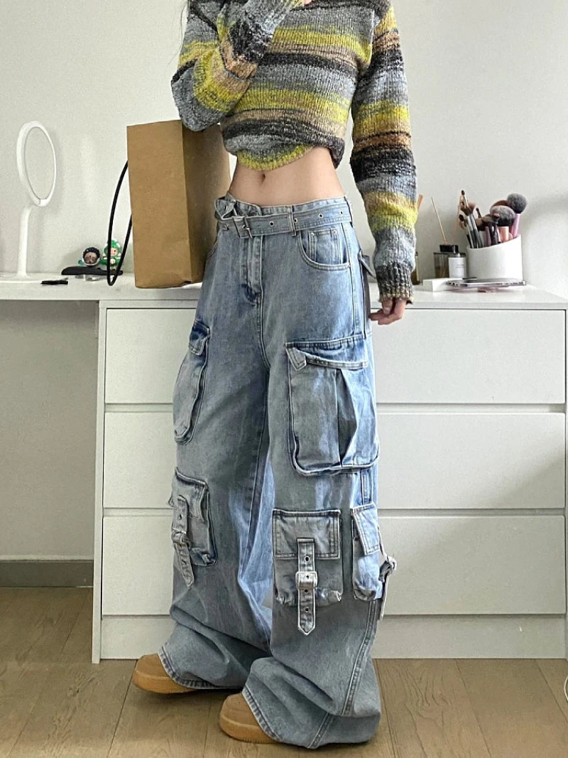 Street Style Baggy Cargo Jeans -Wide Leg Pants