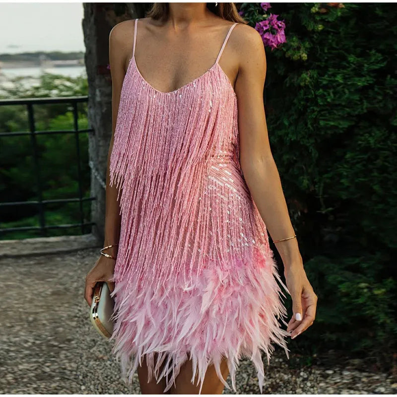 Tassel Sequins Feather Mini Dress