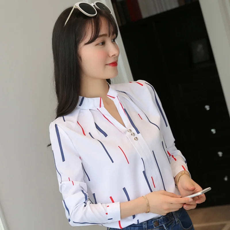 Stripe Women Blouse Fashion Standing Collar Women's Shirt Long Sleeved Shirts and Blouses Printing Ladies Tops Basic Womens Tops