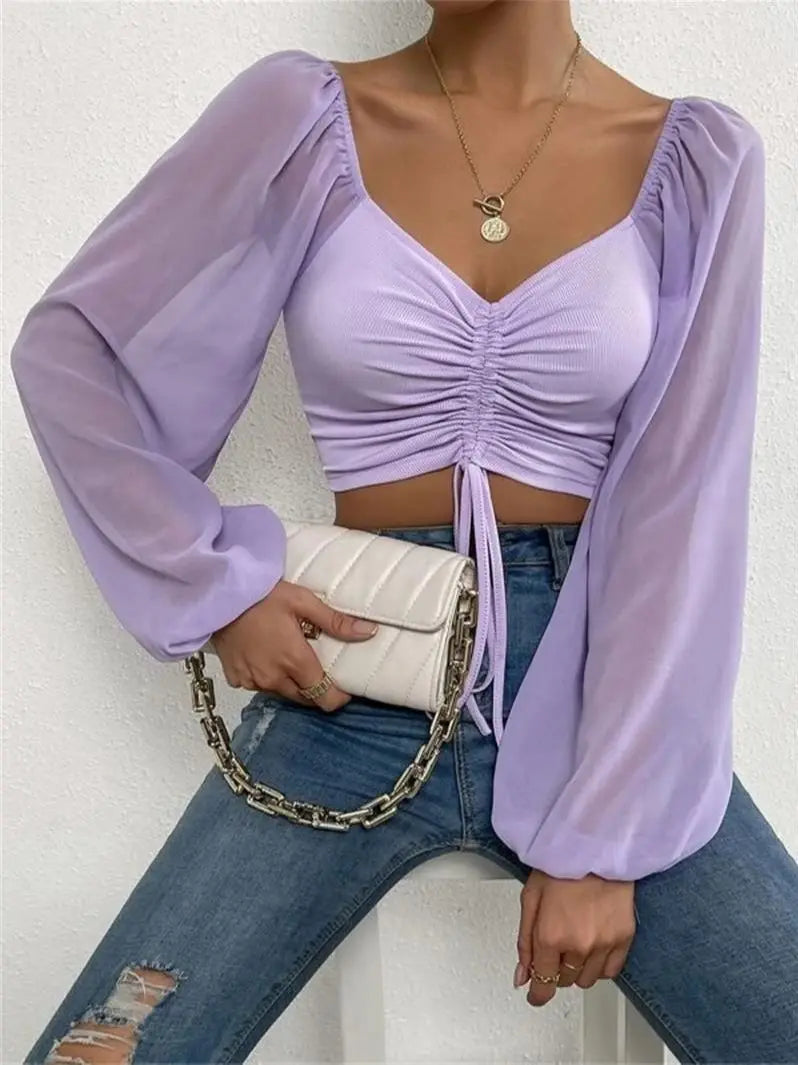 Sexy Puff Sleeve V-Neck Lace-Up Top