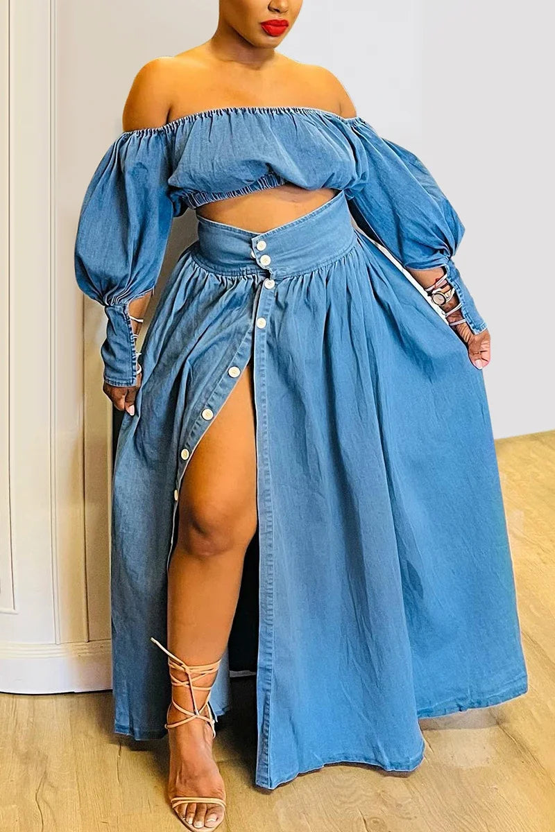 Women's Plus Size Casual Off The Shoulder Split Button Two Pieces Demin Skirt Set Lantern Sleeve Vintage Crop Top Matching Set