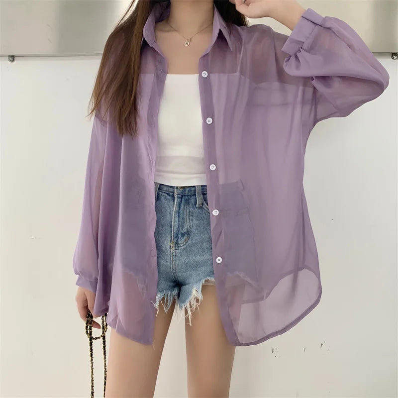 Semi Sheer Long Sleeve Shirt for Women Shimmer Button Down Collared Plain Lightweight Shirt Spring Summer Chic Tops Outfit