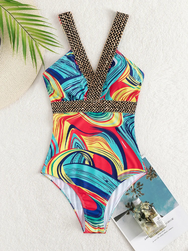 Vigoashely 2024 Sexy Print Strapped Swimwear Women Push UP One Piece Swimsuit Monokini Backless Hollow Summer Bathing Suit