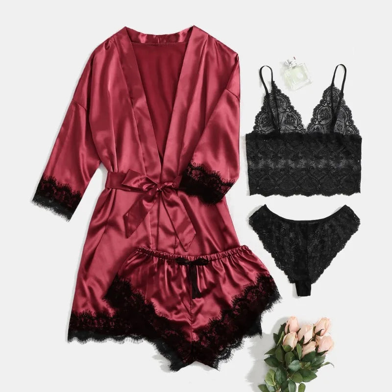 Satin 4-Piece Lace Silk Set