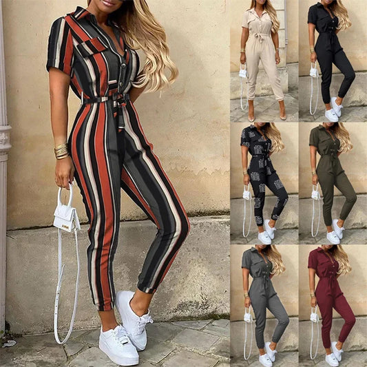 Women's Monochromatic Belt Workwear Jumpsuit, Casual Pants, Flip Collar, Buckle, European and American, Summer, 2024