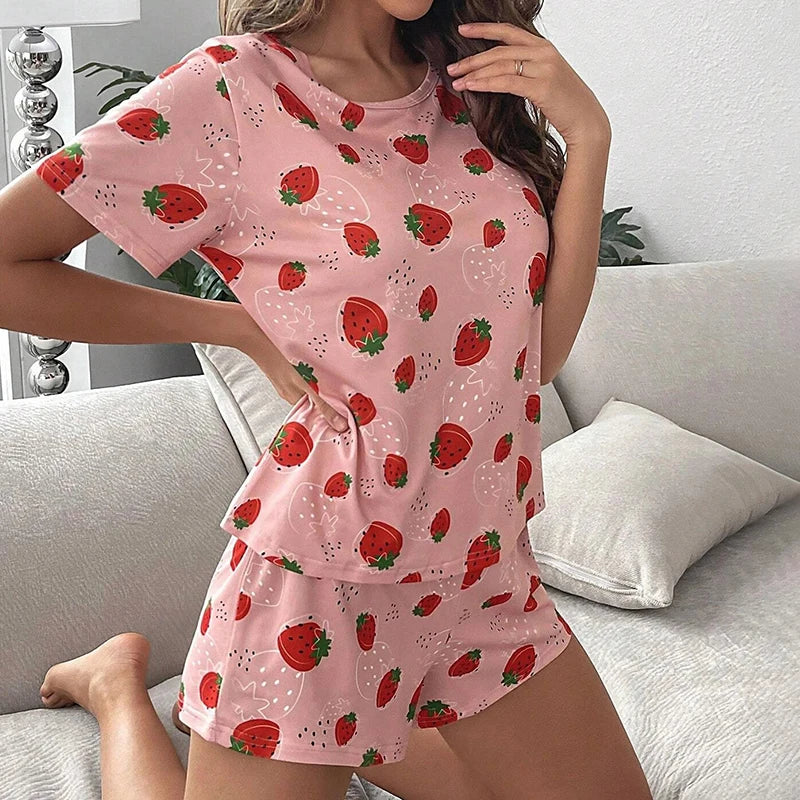 Pajamas Set for Women Breathable Strawberry Print Sleepwear Comfy Short Sleeve Top and Shorts Pyjama Home Loungewear for Ladies