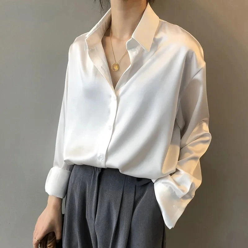 Spring Fashion Button Up Silk Shirt Vintage Blouse Women Satin Tops Office Lady Elegant Long Sleeves Female Loose Shirts 11355