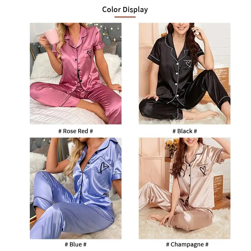 Heart Embroidered Satin Pajama Set